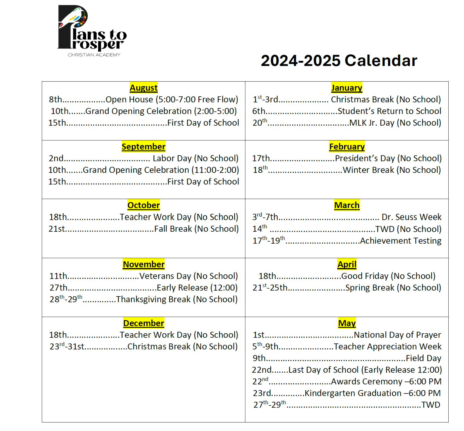 Calendar Plans to Prosper Christian Academy